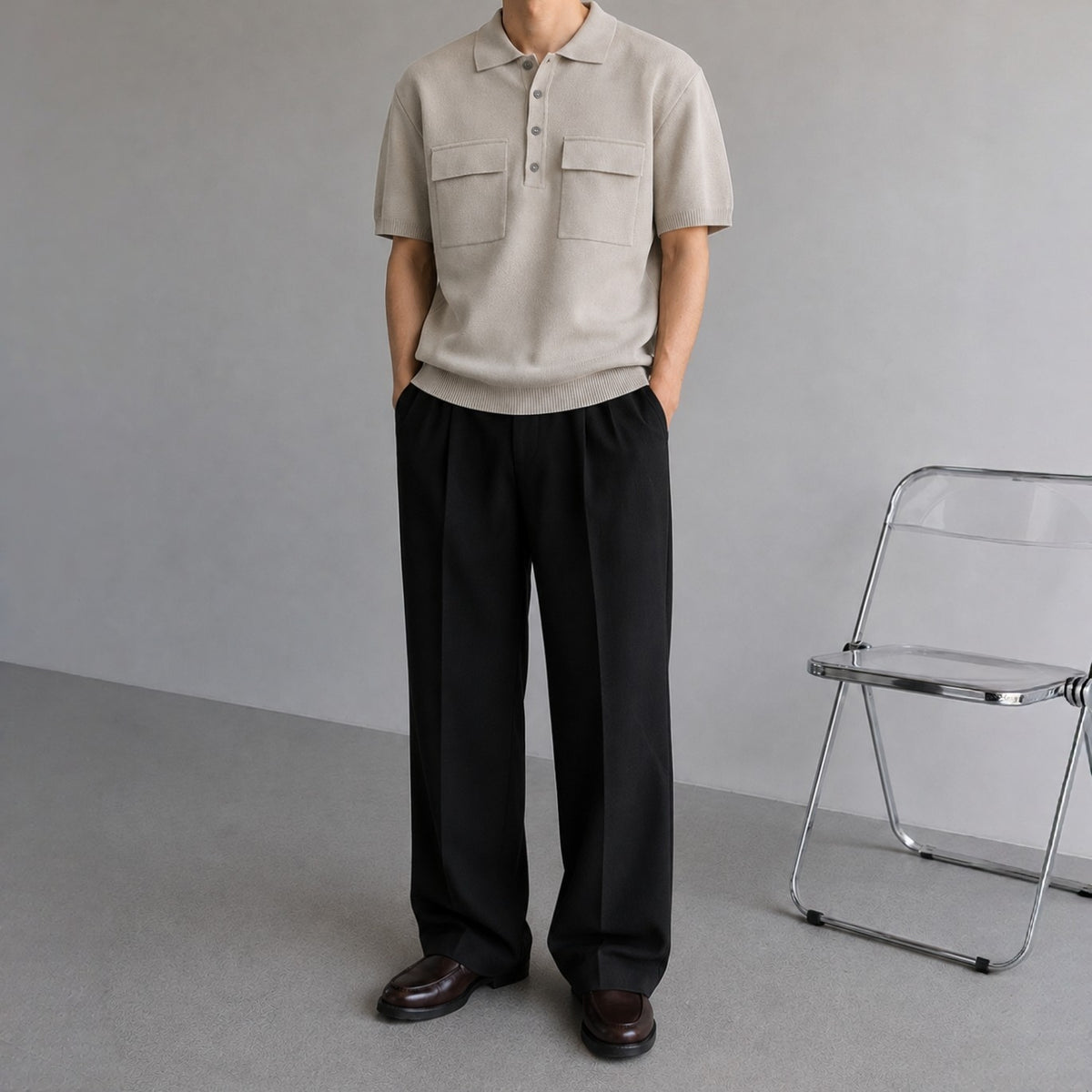Double Flap Pocket Knit Polo - Men One Size