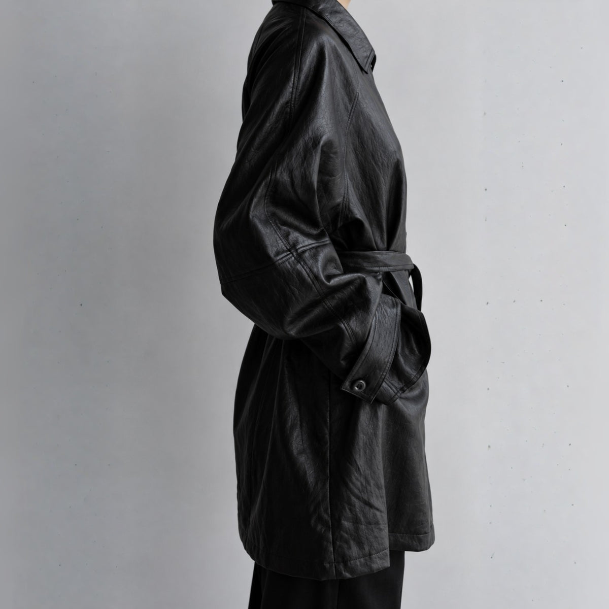 Fine Vegan Leather Belted Long Jacket - Women One Size