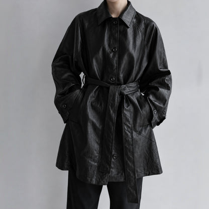 Fine Vegan Leather Belted Long Jacket - Women One Size