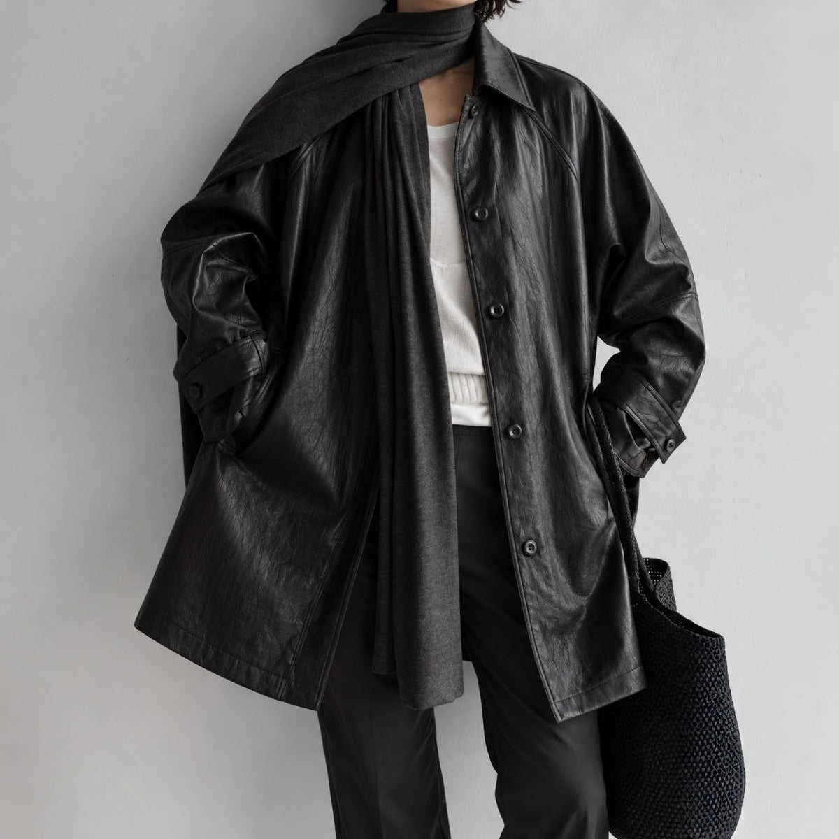 Fine Vegan Leather Belted Long Jacket - Women One Size