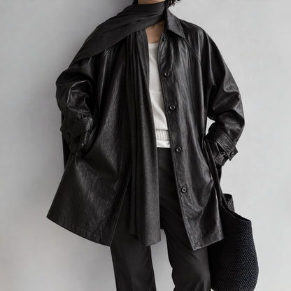 Fine Vegan Leather Belted Long Jacket - Women One Size