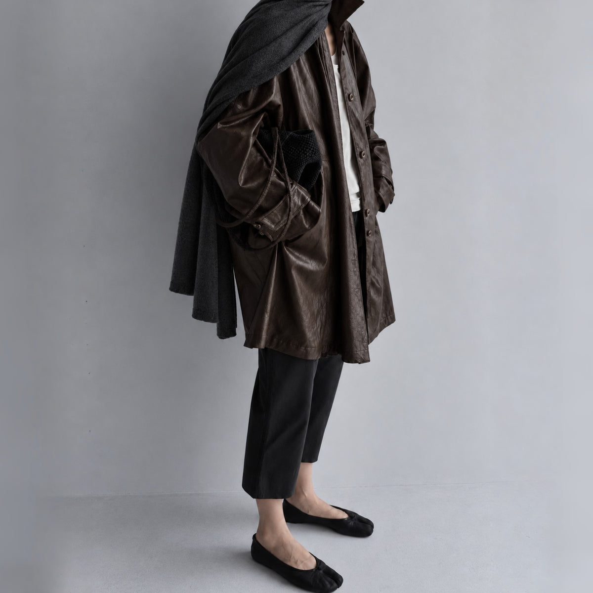 Fine Vegan Leather Belted Long Jacket - Women One Size