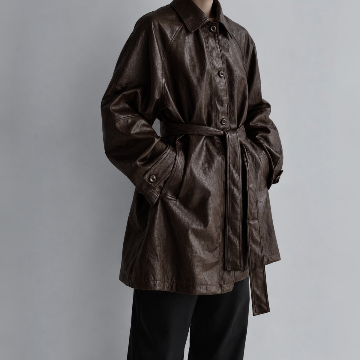 Fine Vegan Leather Belted Long Jacket - Women One Size