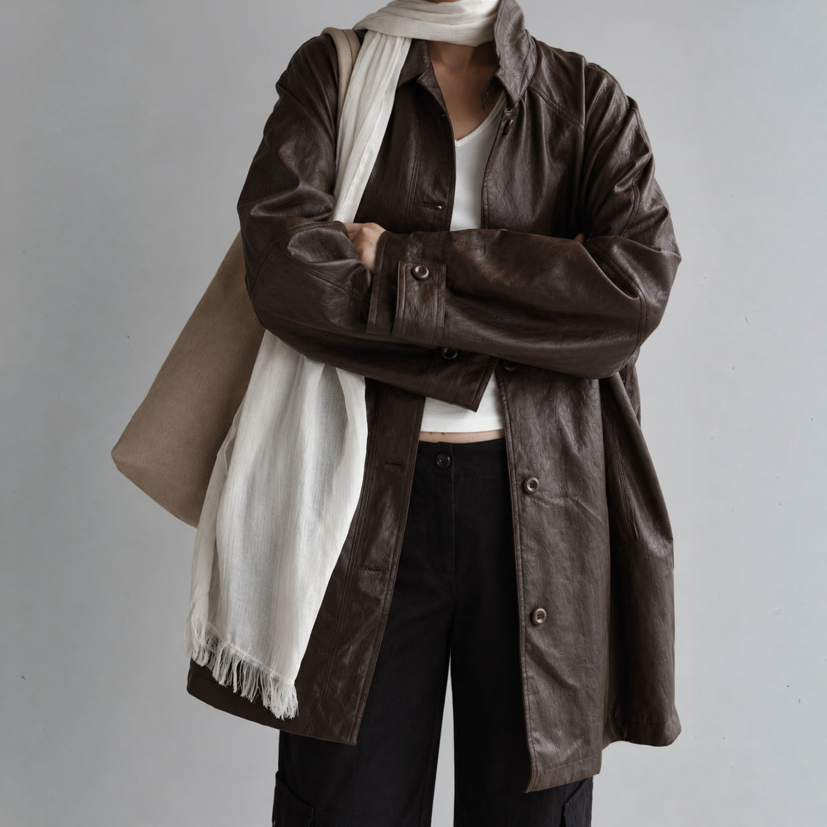 Fine Vegan Leather Belted Long Jacket - Women One Size