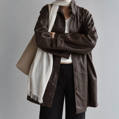 Fine Vegan Leather Belted Long Jacket - Women One Size