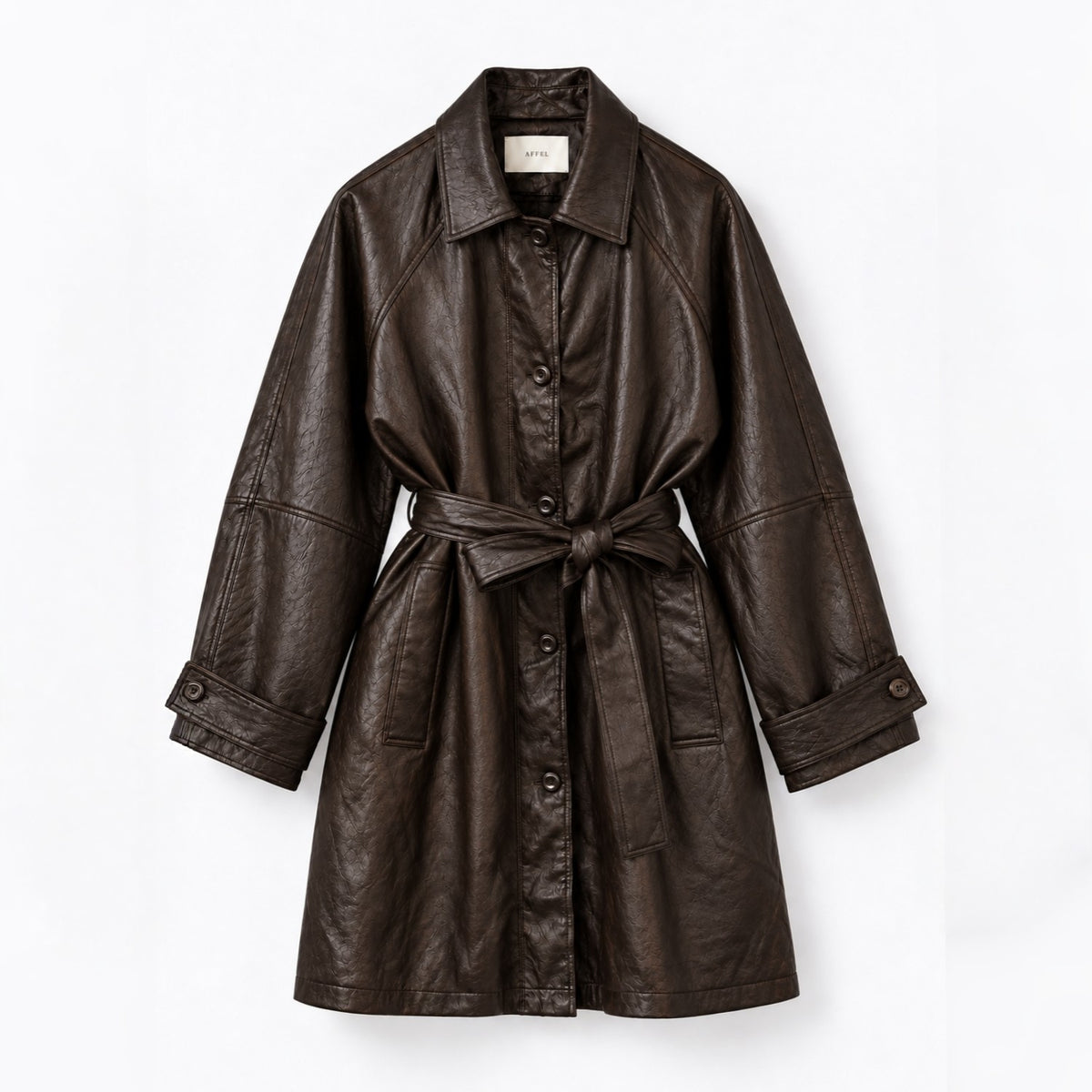 Fine Vegan Leather Belted Long Jacket - Women One Size