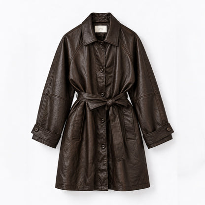 Fine Vegan Leather Belted Long Jacket - Women One Size
