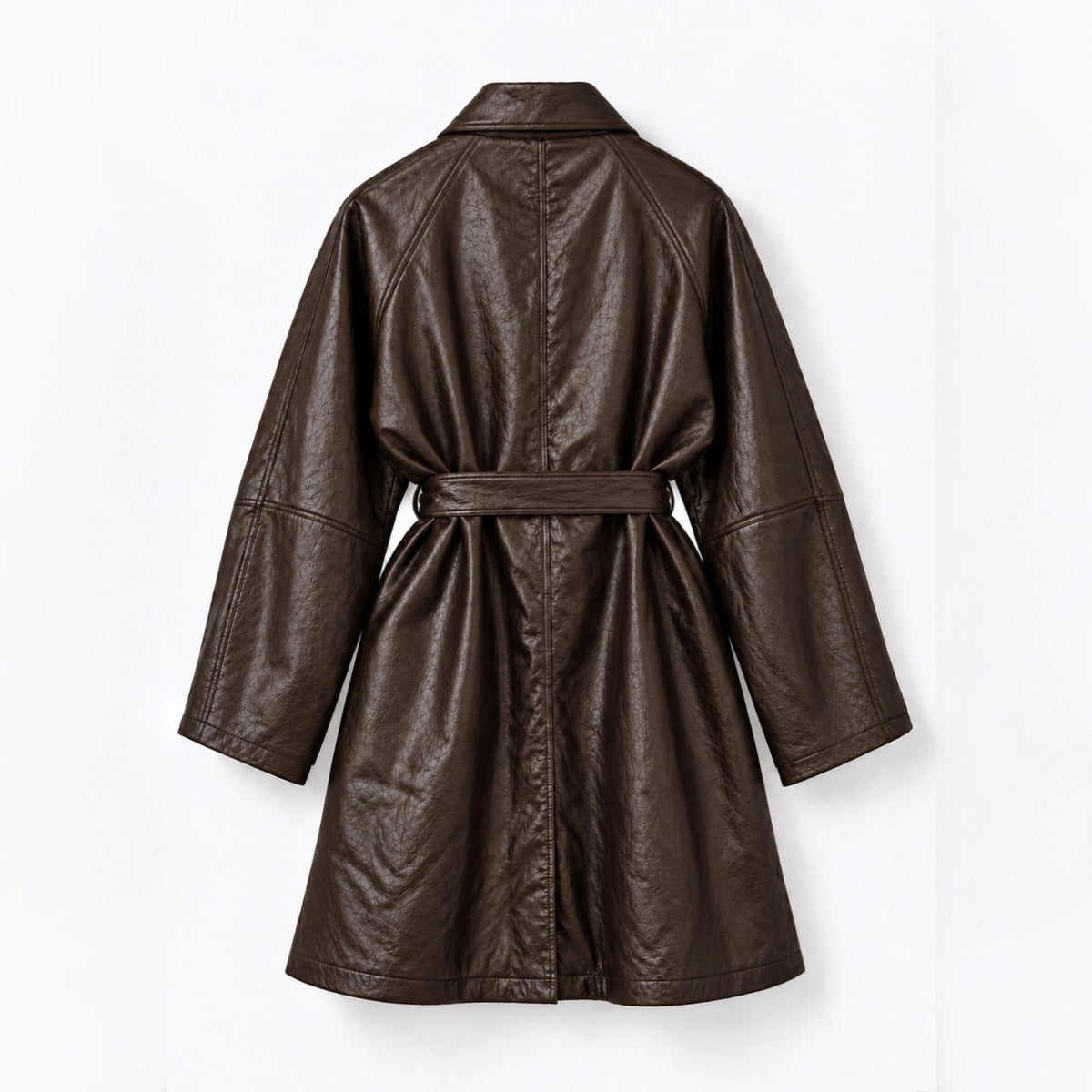 Fine Vegan Leather Belted Long Jacket - Women One Size