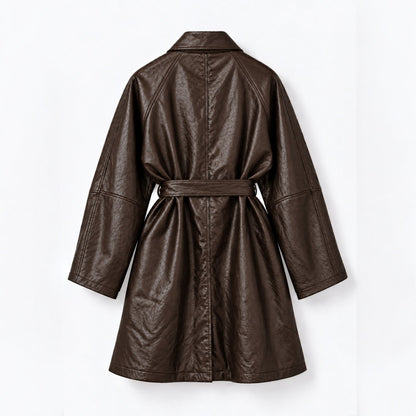 Fine Vegan Leather Belted Long Jacket - Women One Size