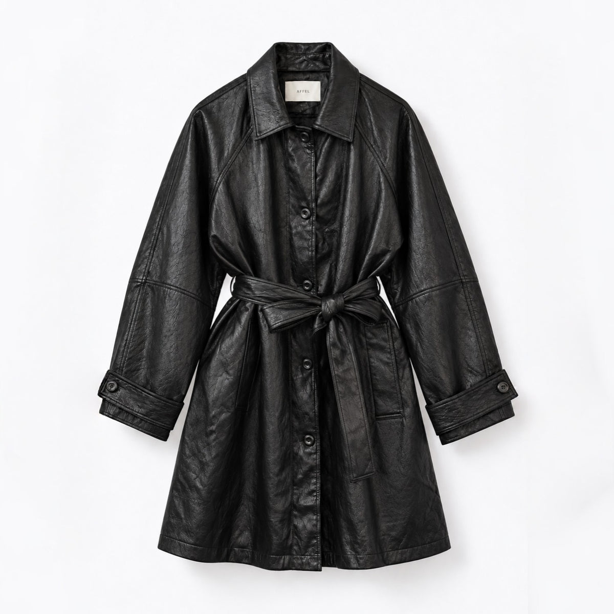 Fine Vegan Leather Belted Long Jacket - Women One Size