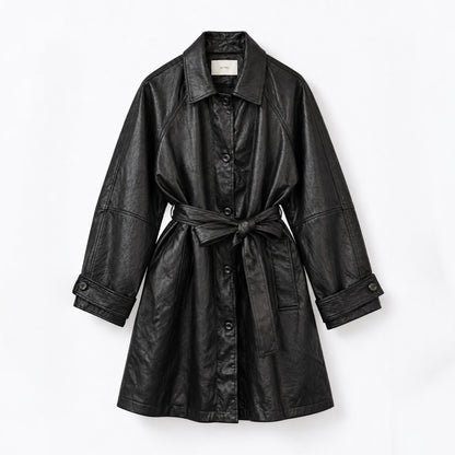 Fine Vegan Leather Belted Long Jacket - Women One Size