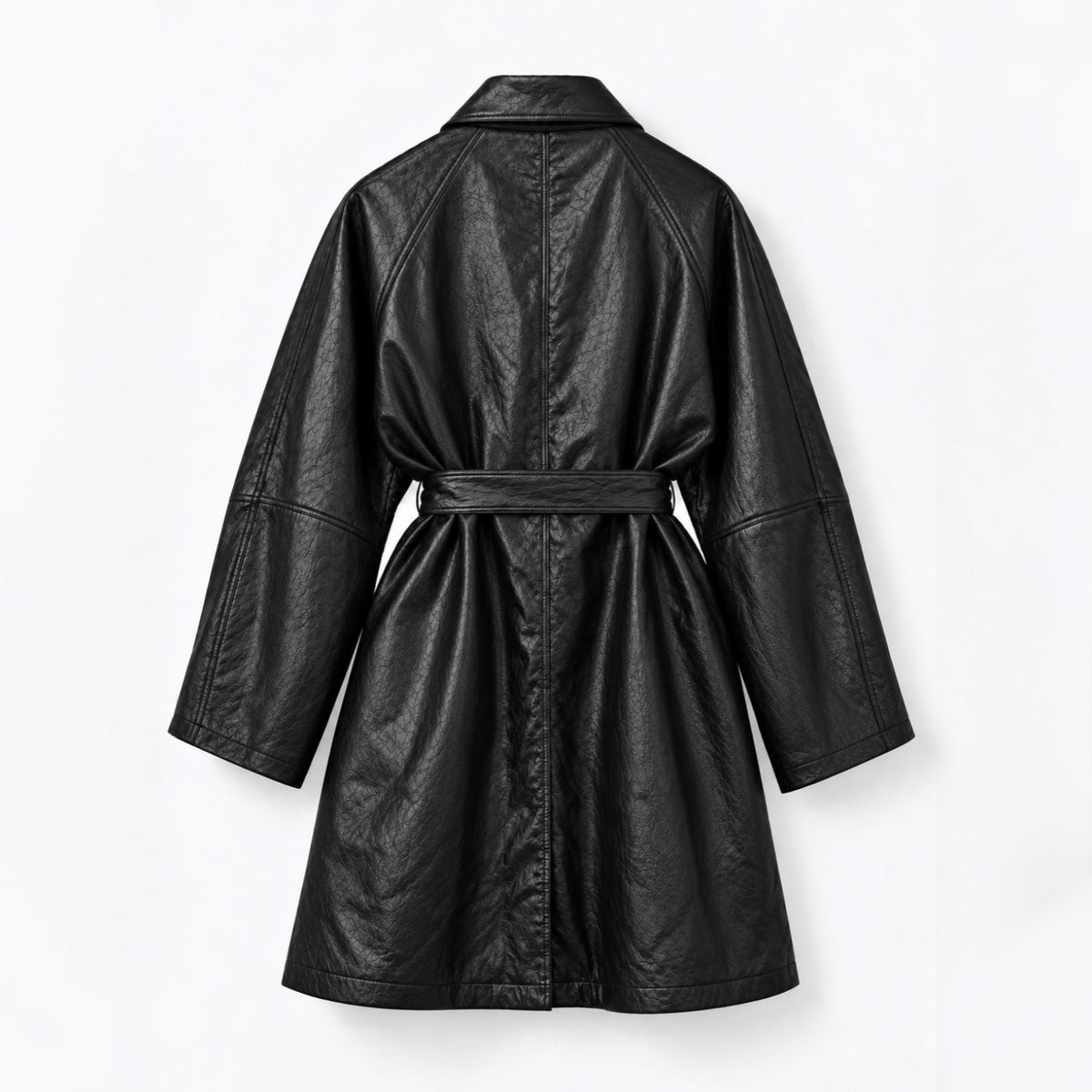 Fine Vegan Leather Belted Long Jacket - Women One Size