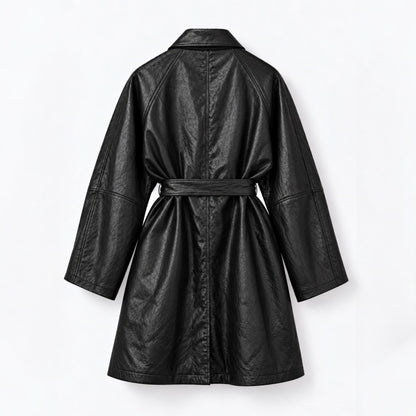 Fine Vegan Leather Belted Long Jacket - Women One Size