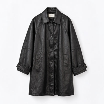 Fine Vegan Leather Belted Long Jacket - Women One Size