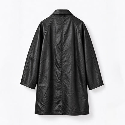 Fine Vegan Leather Belted Long Jacket - Women One Size