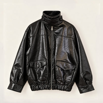Glossy Crinkle Vegan Leather Convertible Collar Jacket - Women One Size