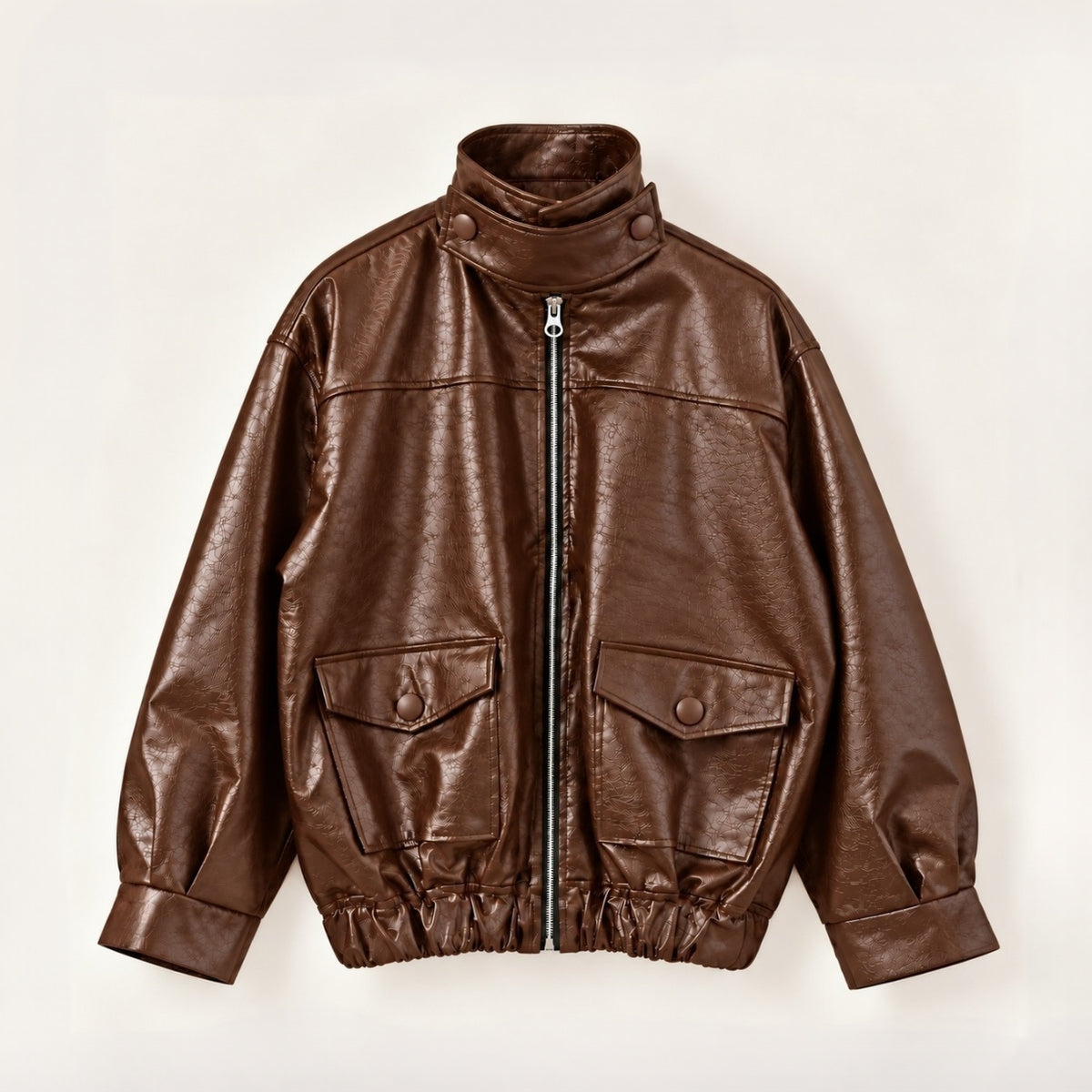 Glossy Crinkle Vegan Leather Convertible Collar Jacket - Women One Size