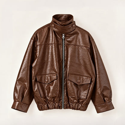 Glossy Crinkle Vegan Leather Convertible Collar Jacket - Women One Size