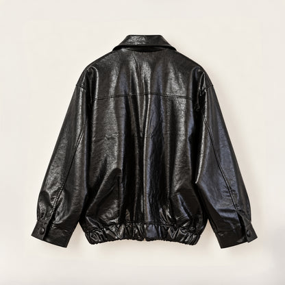 Glossy Crinkle Vegan Leather Convertible Collar Jacket - Women One Size