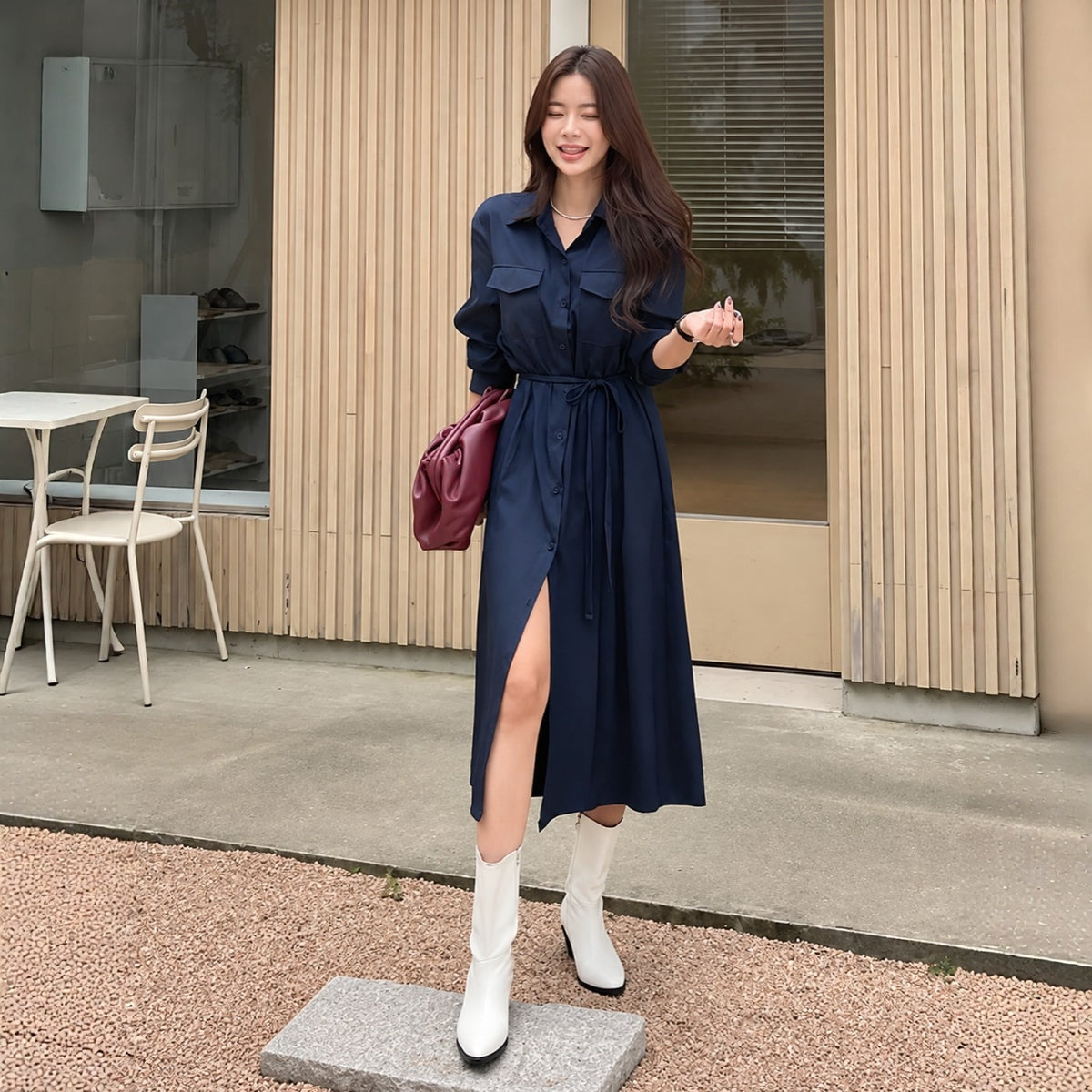 THEA Belted Long Shirt Dress - Women One Size