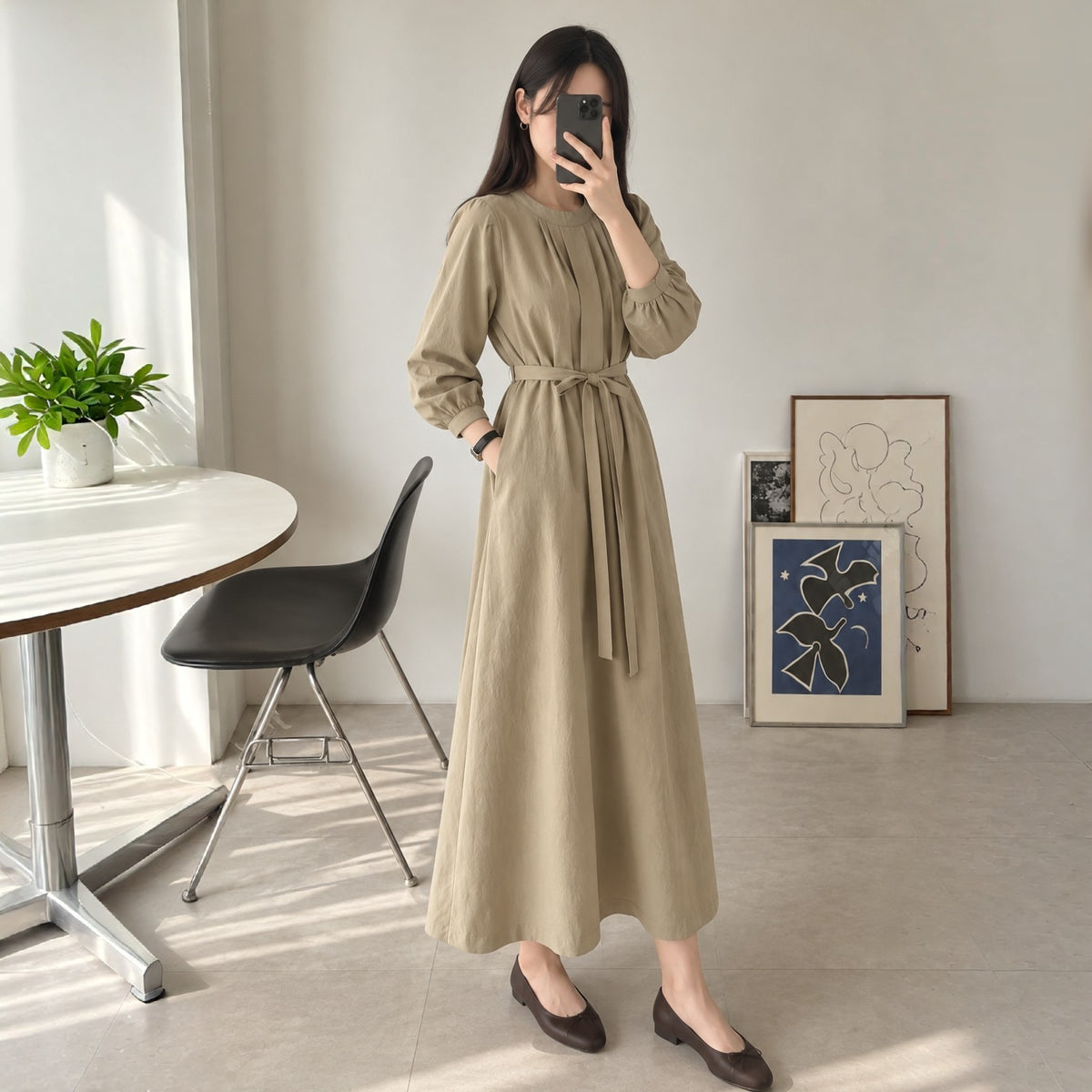 Pintuck Drape Belted Midi Dress - Women One Size