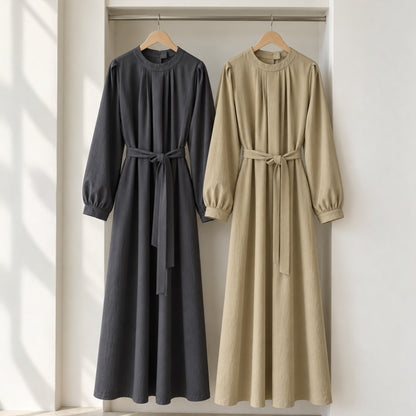 Pintuck Drape Belted Midi Dress - Women One Size