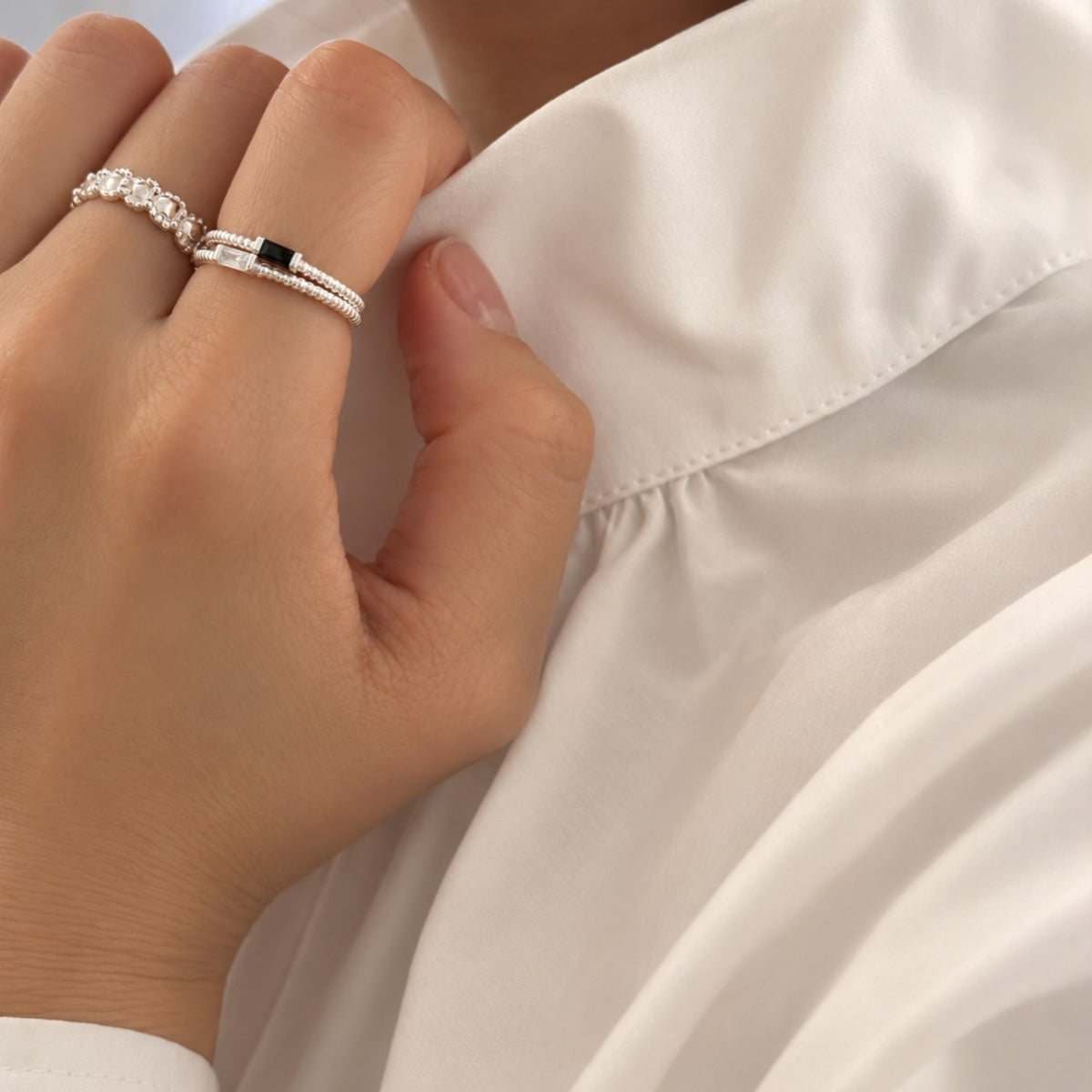 Modern Baguette Cubic Zirconia Sterling Silver Ring - Free Size
