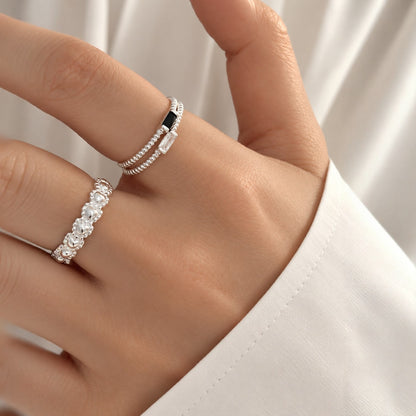 Modern Baguette Cubic Zirconia Sterling Silver Ring - Free Size