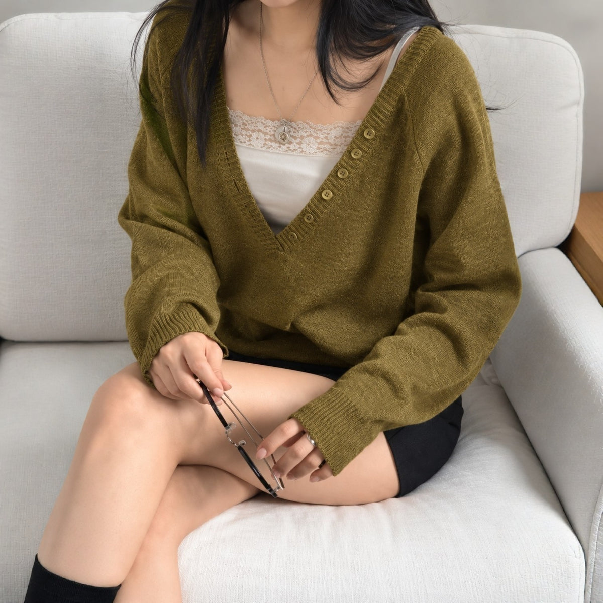 Relaxed Deep V-Neck Button Detail Knit Sweater - Women One Size