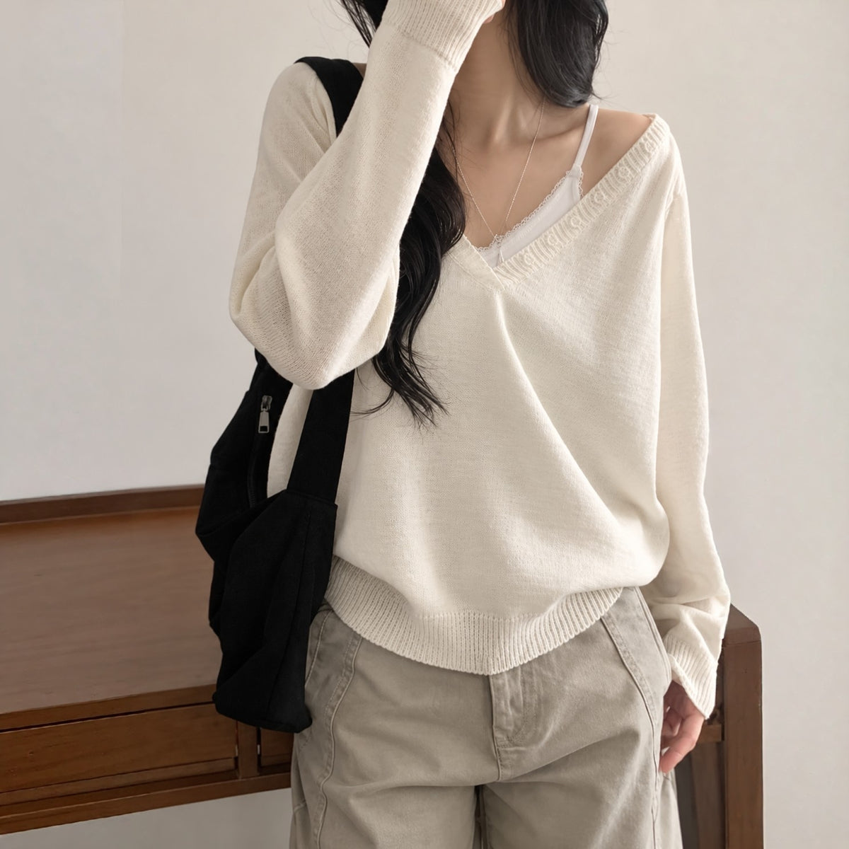 Relaxed Deep V-Neck Button Detail Knit Sweater - Women One Size