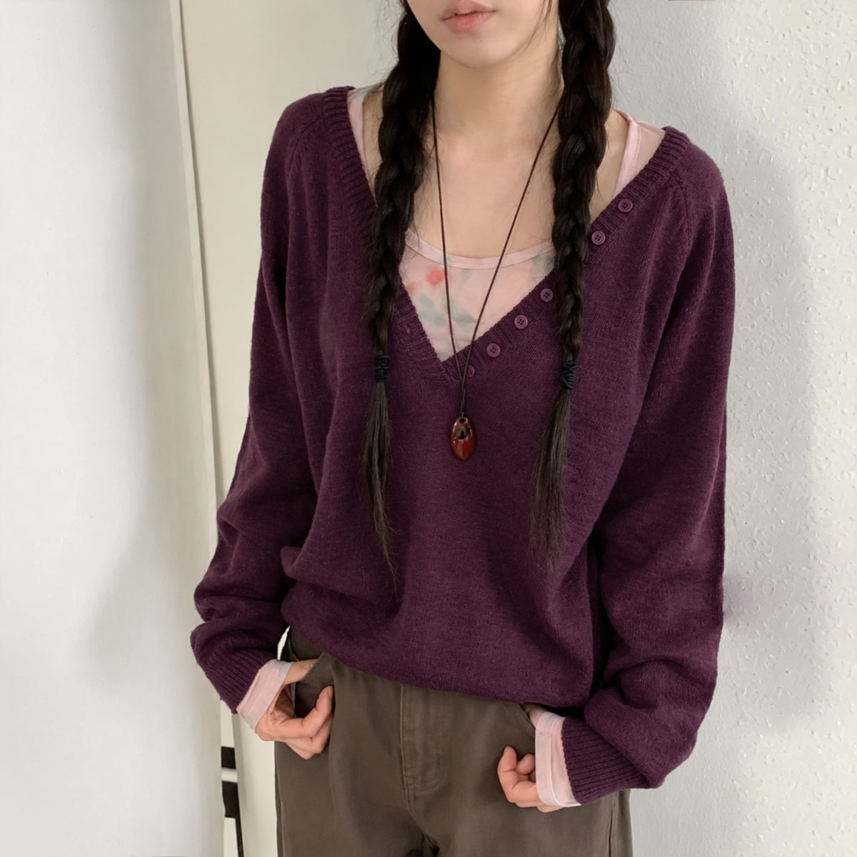 Relaxed Deep V-Neck Button Detail Knit Sweater - Women One Size
