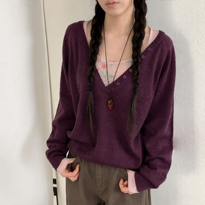 Relaxed Deep V-Neck Button Detail Knit Sweater - Women One Size
