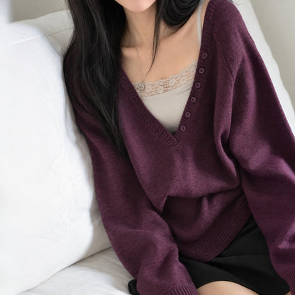 Relaxed Deep V-Neck Button Detail Knit Sweater - Women One Size