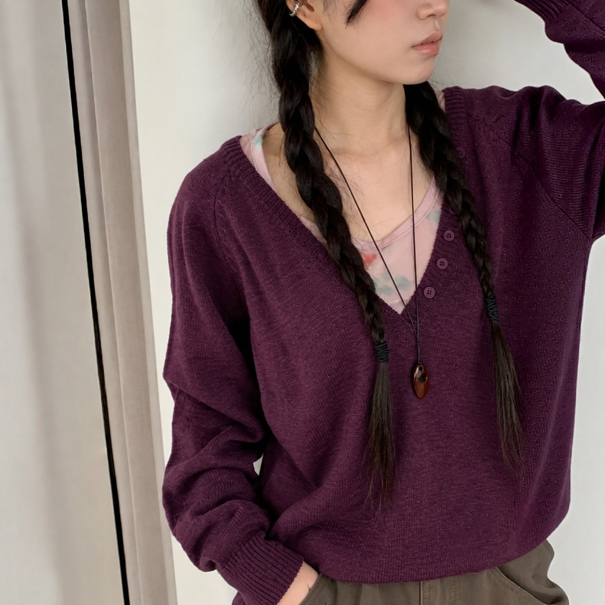 Relaxed Deep V-Neck Button Detail Knit Sweater - Women One Size