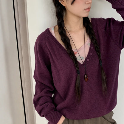 Relaxed Deep V-Neck Button Detail Knit Sweater - Women One Size