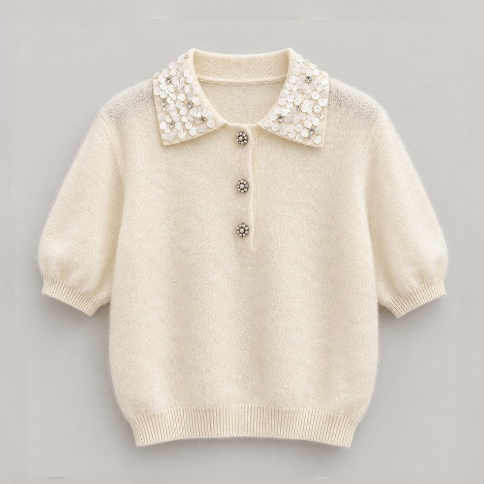 Embellished Collar Wool Cashmere Silk Knit Top - Women One Size