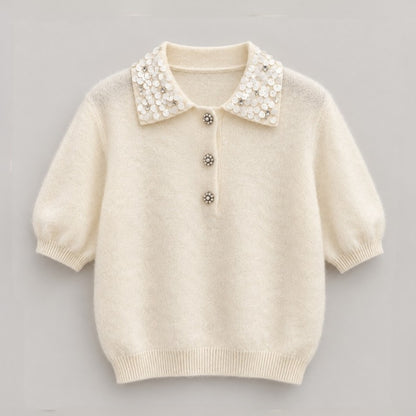 Embellished Collar Wool Cashmere Silk Knit Top - Women One Size