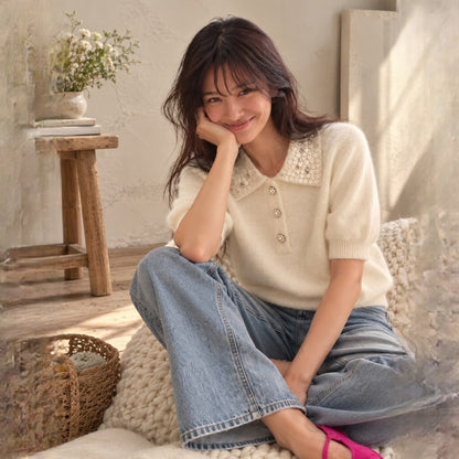 Embellished Collar Wool Cashmere Silk Knit Top - Women One Size