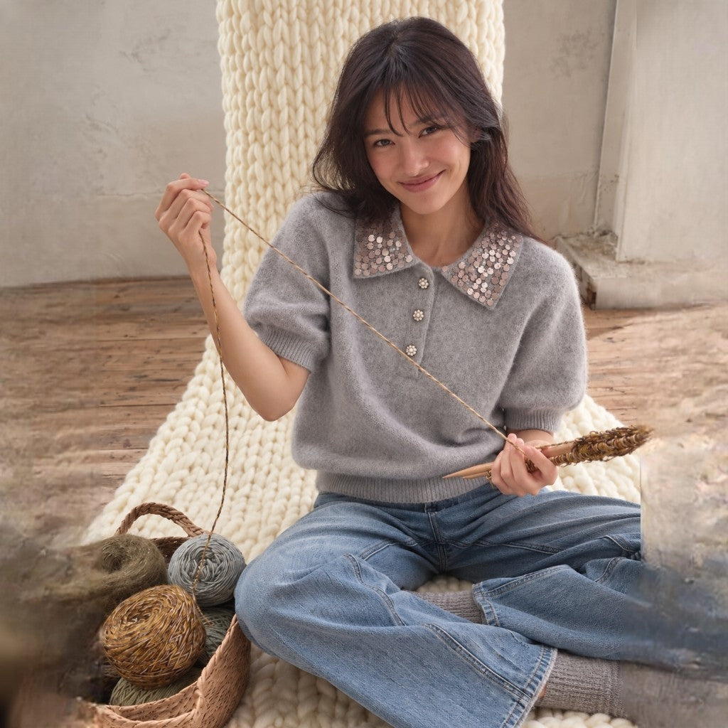Embellished Collar Wool Cashmere Silk Knit Top - Women One Size
