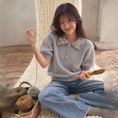 Embellished Collar Wool Cashmere Silk Knit Top - Women One Size