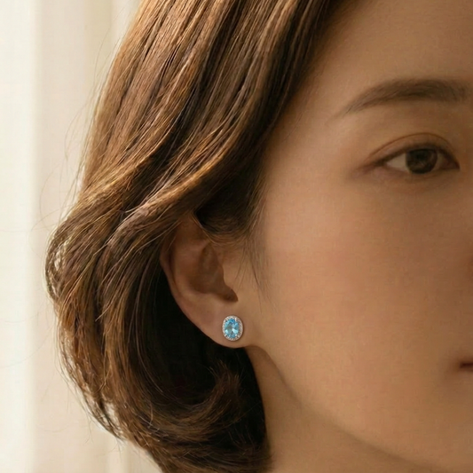 Sky Blue Oval Cubic Stud Earrings in Sterling Silver – Made in Korea