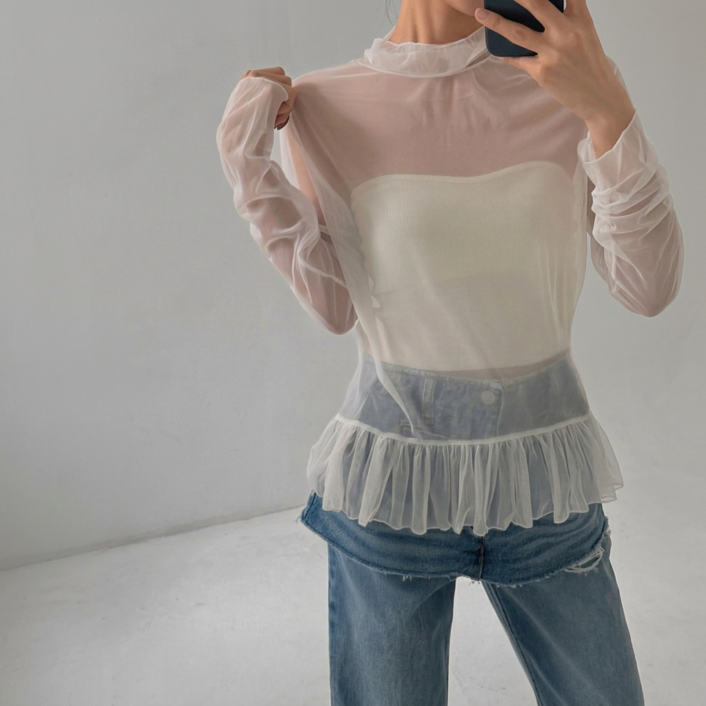 Sheer Stretch Chiffon Ruffle Hem Top – Women One Size