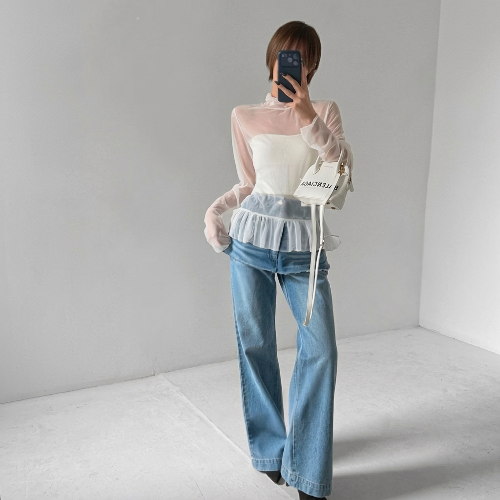Sheer Stretch Chiffon Ruffle Hem Top – Women One Size