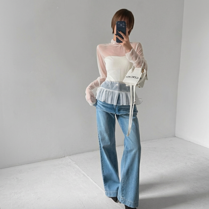 Sheer Stretch Chiffon Ruffle Hem Top – Women One Size