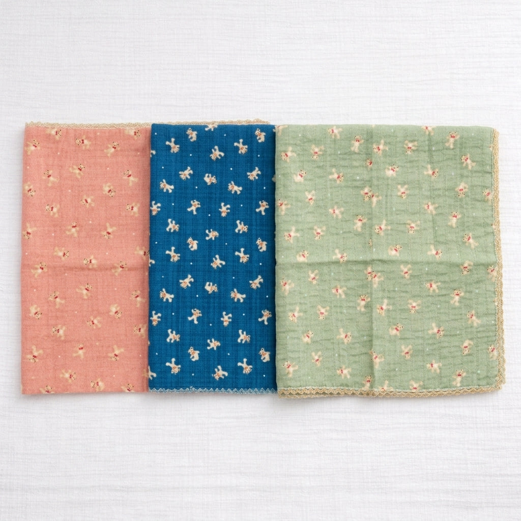 Mini Teddy Print Lace Cotton Handkerchief – Soft Square Petit Scarf