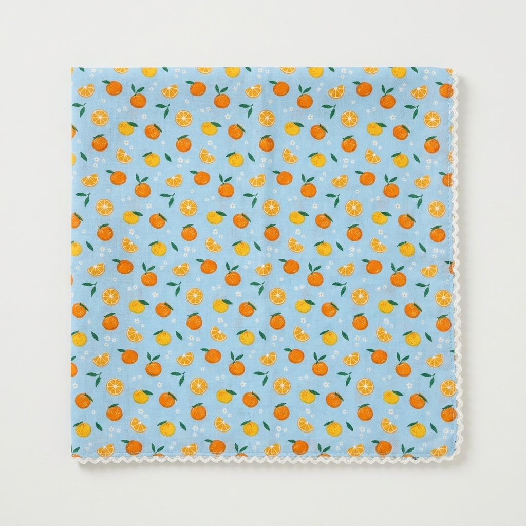 Citrus Print Lace Cotton Handkerchief – Soft Square Petit Scarf