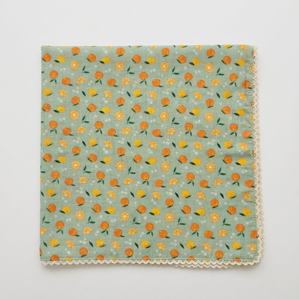 Citrus Print Lace Cotton Handkerchief – Soft Square Petit Scarf