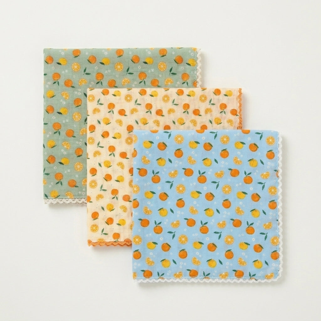 Citrus Print Lace Cotton Handkerchief – Soft Square Petit Scarf