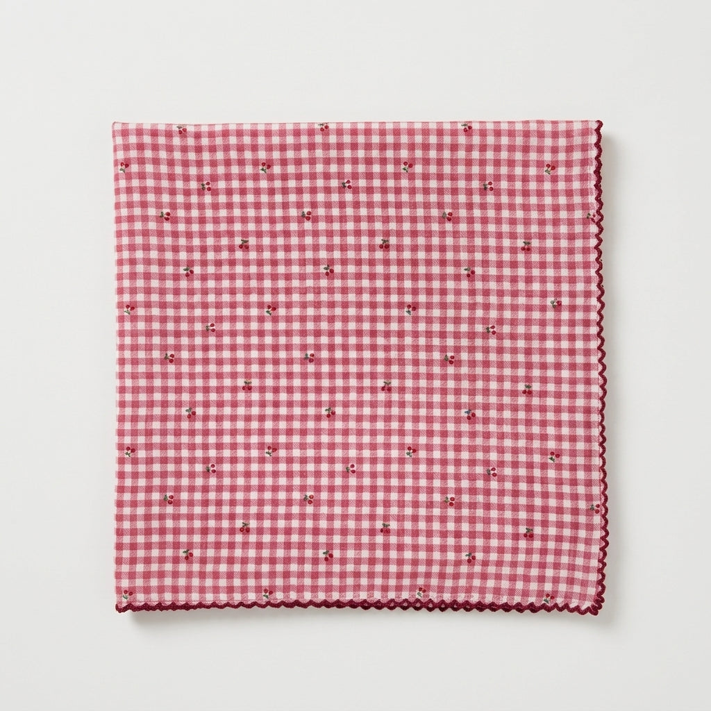 Mini Cherry Gingham Lace Cotton Handkerchief – Soft Square Petit Scarf