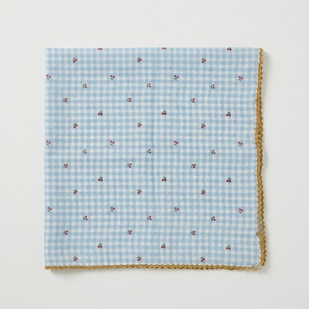 Mini Cherry Gingham Lace Cotton Handkerchief – Soft Square Petit Scarf